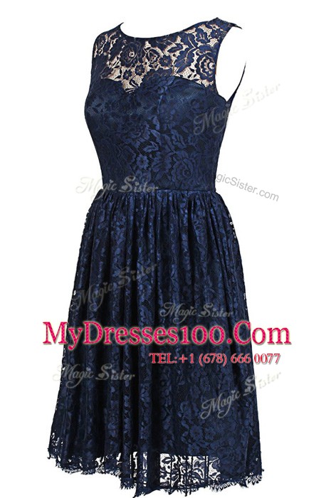 Navy Blue A-line Lace Scoop Sleeveless Hand Made Flower Knee Length Zipper Club Wear