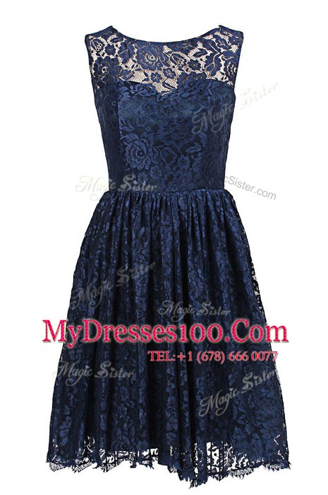 Navy Blue A-line Lace Scoop Sleeveless Hand Made Flower Knee Length Zipper Club Wear