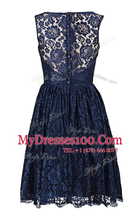 Navy Blue A-line Lace Scoop Sleeveless Hand Made Flower Knee Length Zipper Club Wear