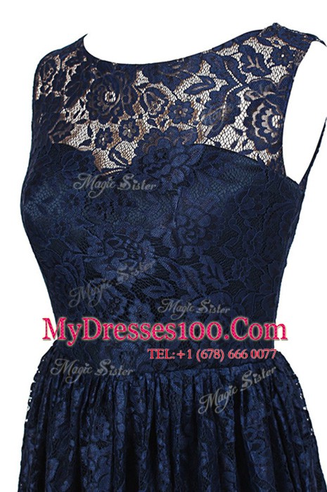 Navy Blue A-line Lace Scoop Sleeveless Hand Made Flower Knee Length Zipper Club Wear