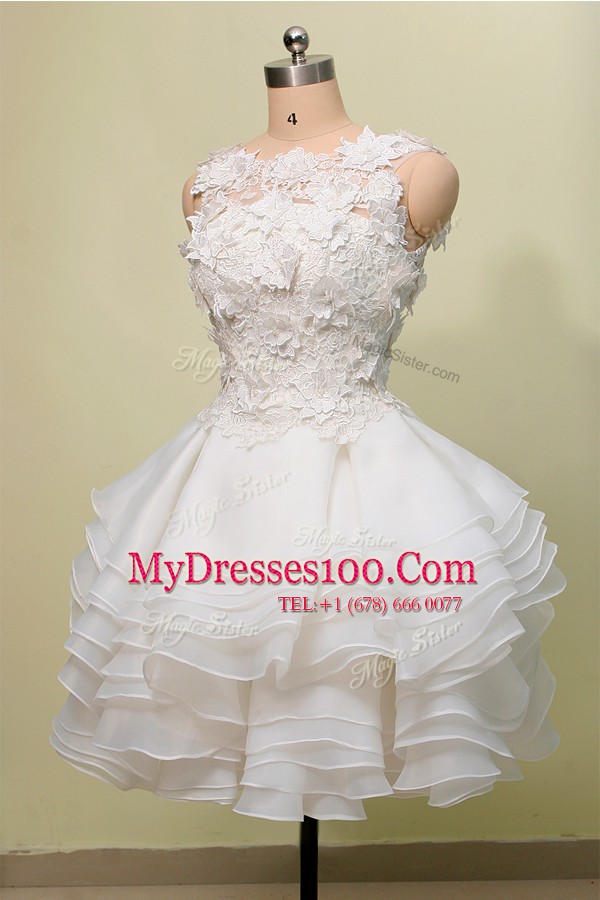 Exceptional Scoop White Zipper Evening Wear Lace Sleeveless Knee Length