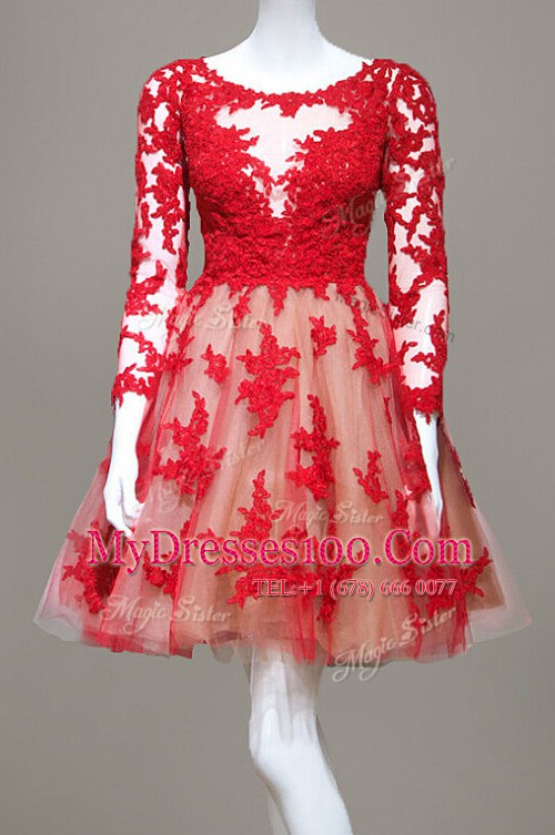 Red A-line Lace Scoop Long Sleeves Appliques Knee Length Zipper Homecoming Dress