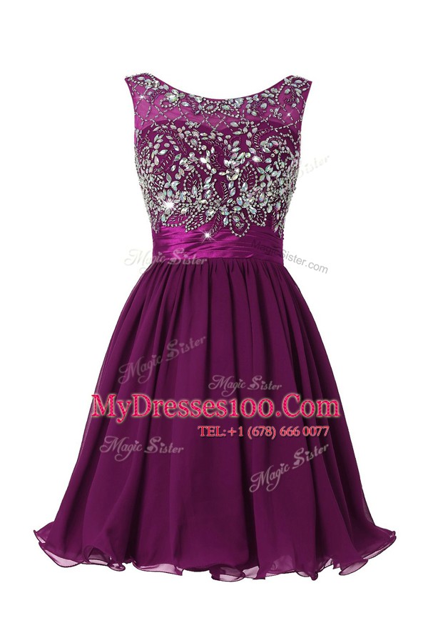 Dramatic Scoop Purple A-line Beading and Sashes ribbons Casual Dresses Zipper Chiffon Sleeveless Knee Length