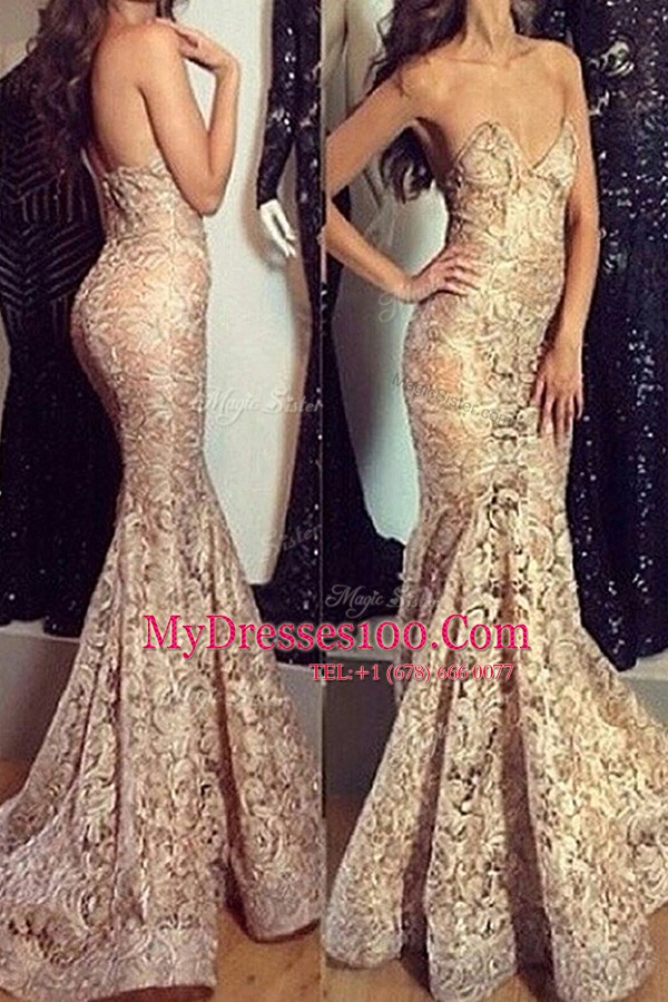 Mermaid Lace Sleeveless Sweep Train Pleated Zipper Prom Evening Gown