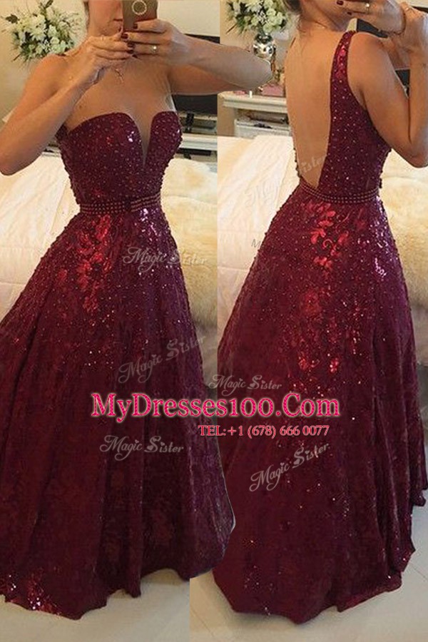 Ideal Lace Beading Juniors Evening Dress Burgundy Backless Sleeveless Floor Length