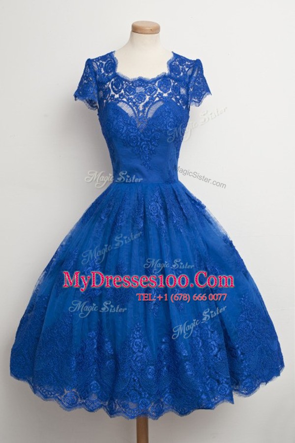 Popular Scalloped Cap Sleeves Lace Knee Length Zipper Evening Gowns in Royal Blue with Lace