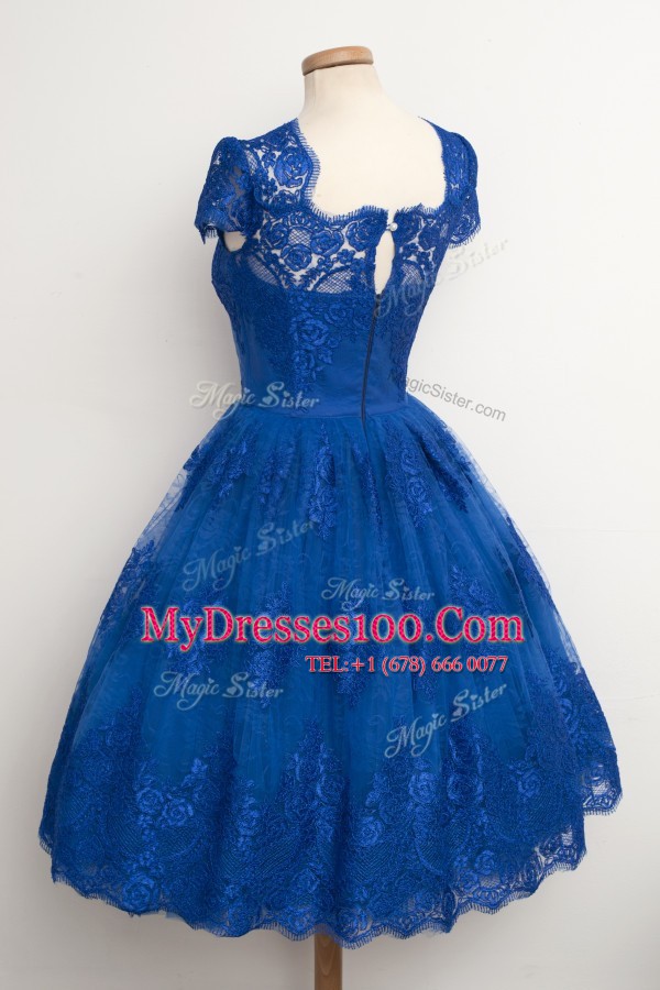 Popular Scalloped Cap Sleeves Lace Knee Length Zipper Evening Gowns in Royal Blue with Lace
