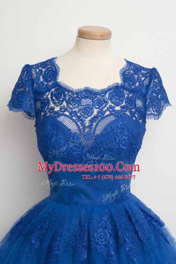 Popular Scalloped Cap Sleeves Lace Knee Length Zipper Evening Gowns in Royal Blue with Lace