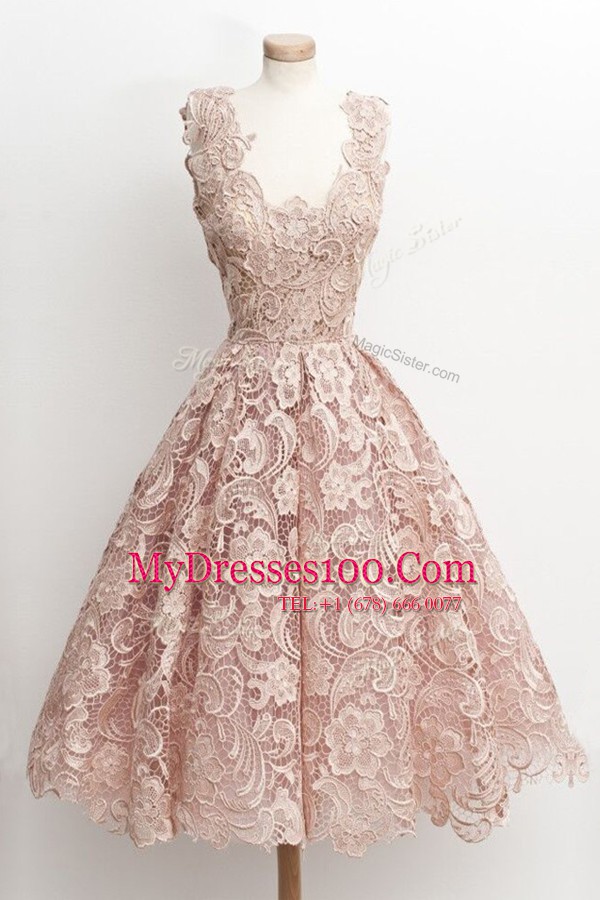 Scoop Sleeveless Zipper Knee Length Lace Juniors Party Dress