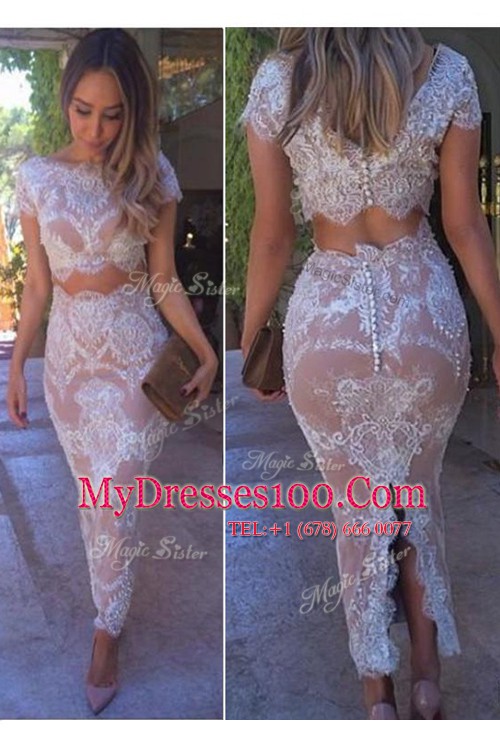Sweet Scoop Ankle Length Clasp Handle Prom Party Dress Pink for Prom and Party with Lace