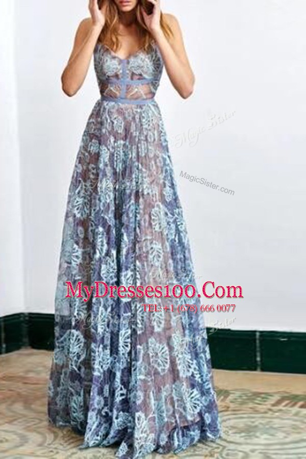 Glorious Blue Spaghetti Straps Backless Lace Prom Party Dress Sleeveless