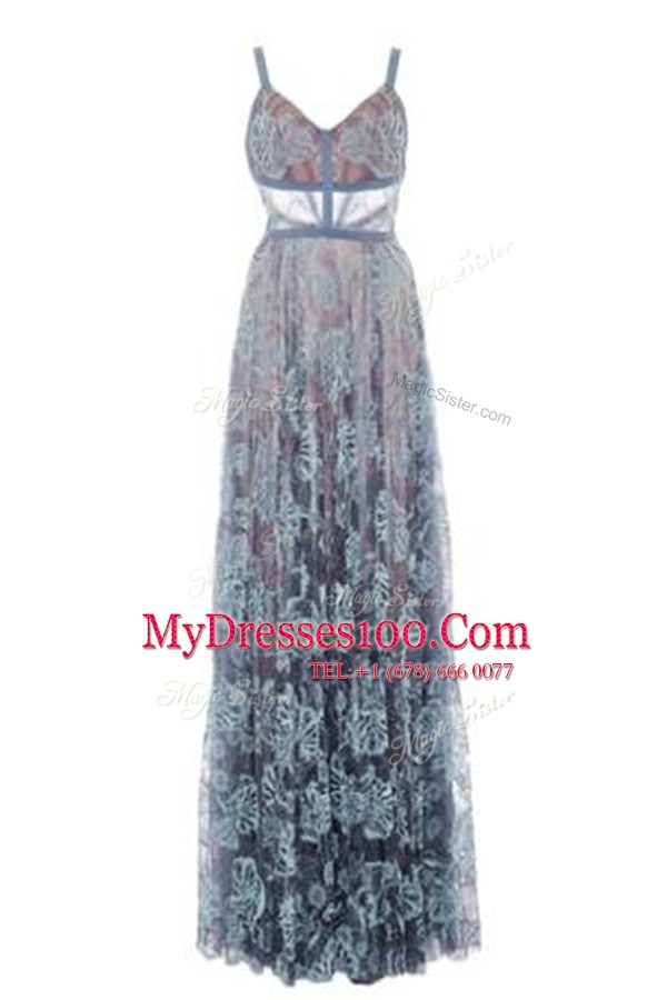 Glorious Blue Spaghetti Straps Backless Lace Prom Party Dress Sleeveless