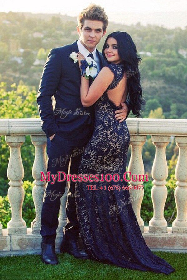 Mermaid Navy Blue Backless Dress for Prom Lace Sleeveless Brush Train