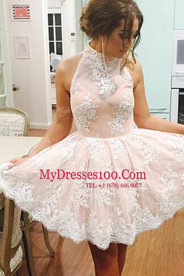 Mini Length Champagne Formal Evening Gowns Tulle Sleeveless Lace