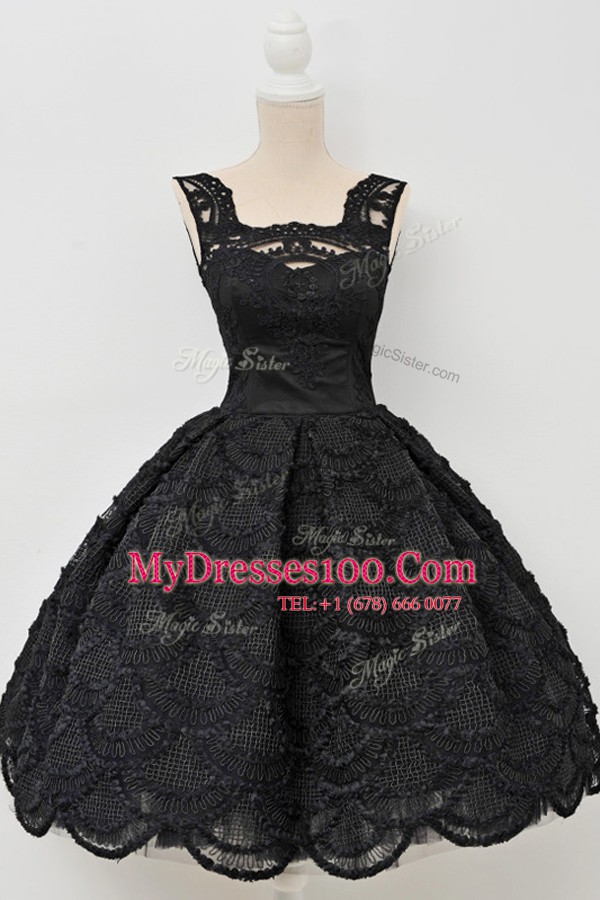 Black A-line Square Sleeveless Lace Knee Length Zipper Lace Juniors Party Dress