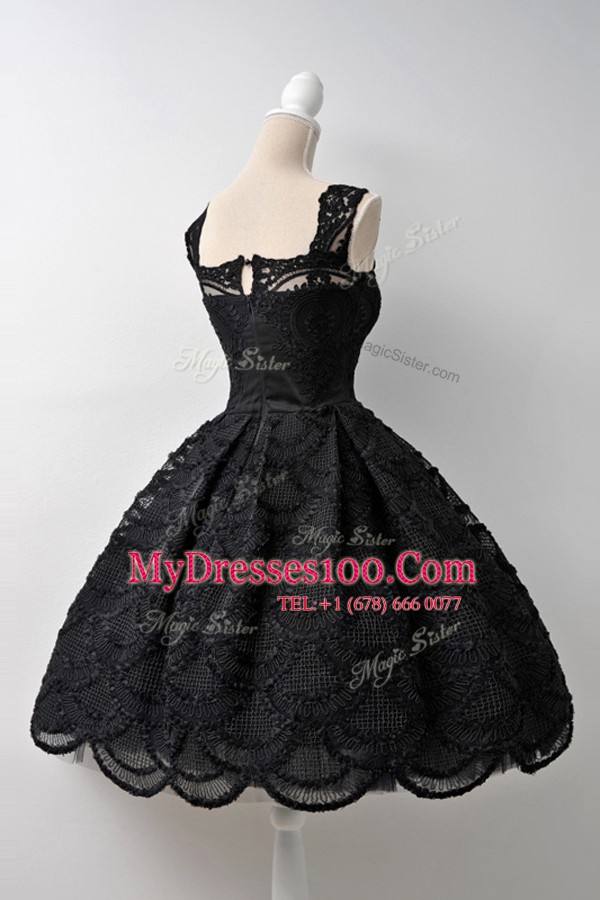 Black A-line Square Sleeveless Lace Knee Length Zipper Lace Juniors Party Dress