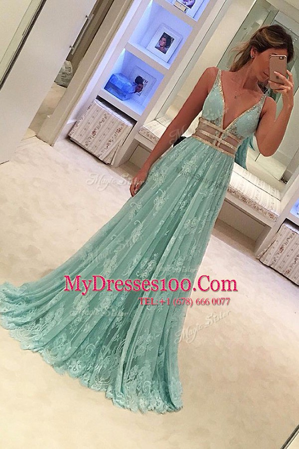 Sumptuous Lace Sleeveless Sweep Train Zipper Beading Prom Dress