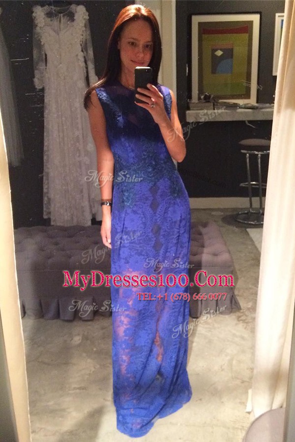 Lace Scoop Sleeveless Zipper Lace Formal Evening Gowns in Royal Blue