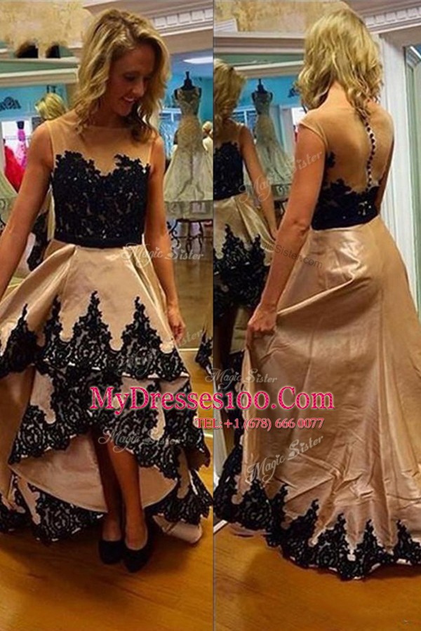 Exceptional Asymmetrical Champagne Cocktail Dress Satin Sleeveless Lace