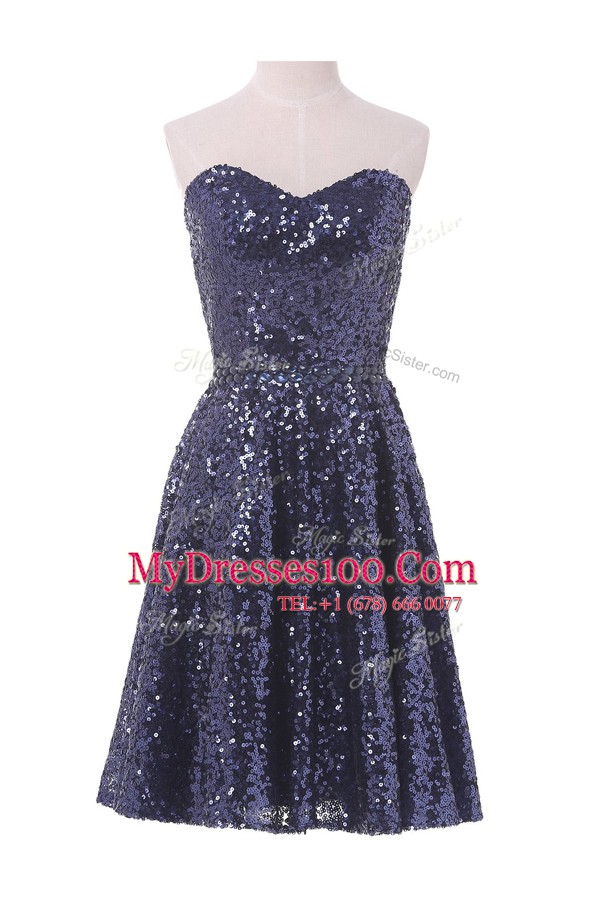 Sequins Evening Wear Navy Blue Lace Up Sleeveless Knee Length