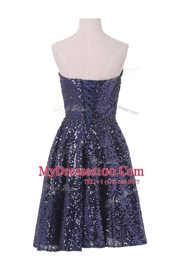 Sequins Evening Wear Navy Blue Lace Up Sleeveless Knee Length