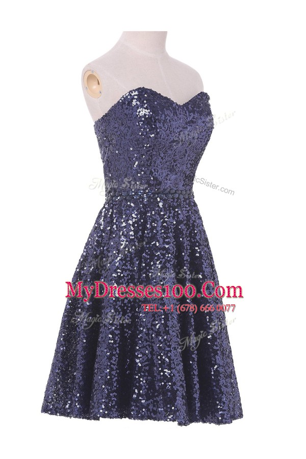 Sequins Evening Wear Navy Blue Lace Up Sleeveless Knee Length