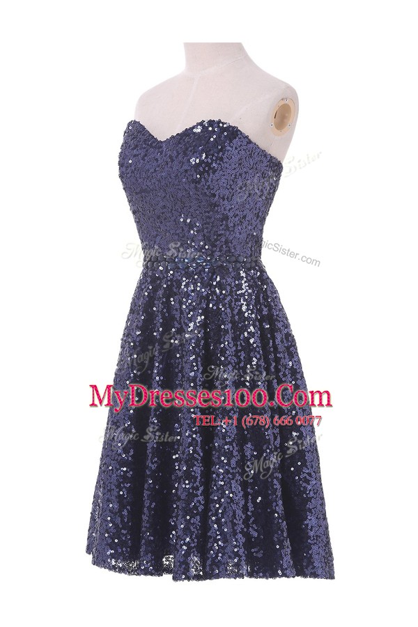 Sequins Evening Wear Navy Blue Lace Up Sleeveless Knee Length