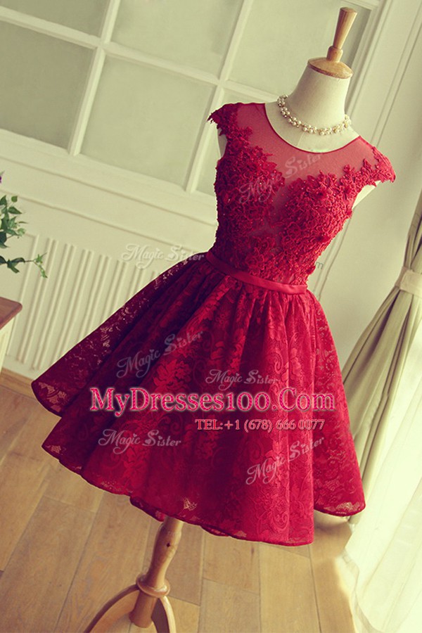 Scoop Lace Red Cap Sleeves Appliques Knee Length Prom Gown