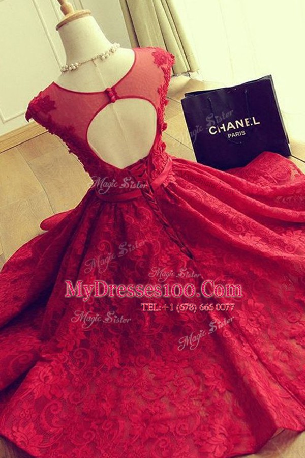 Scoop Lace Red Cap Sleeves Appliques Knee Length Prom Gown
