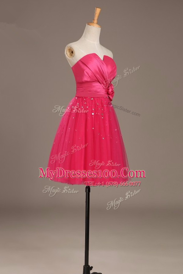 Artistic Satin and Tulle Sleeveless Knee Length Prom Dress and Beading and Hand Made Flower