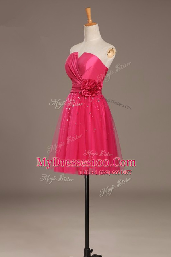 Artistic Satin and Tulle Sleeveless Knee Length Prom Dress and Beading and Hand Made Flower
