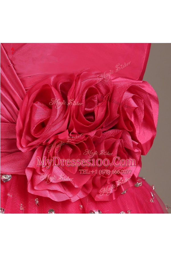 Artistic Satin and Tulle Sleeveless Knee Length Prom Dress and Beading and Hand Made Flower