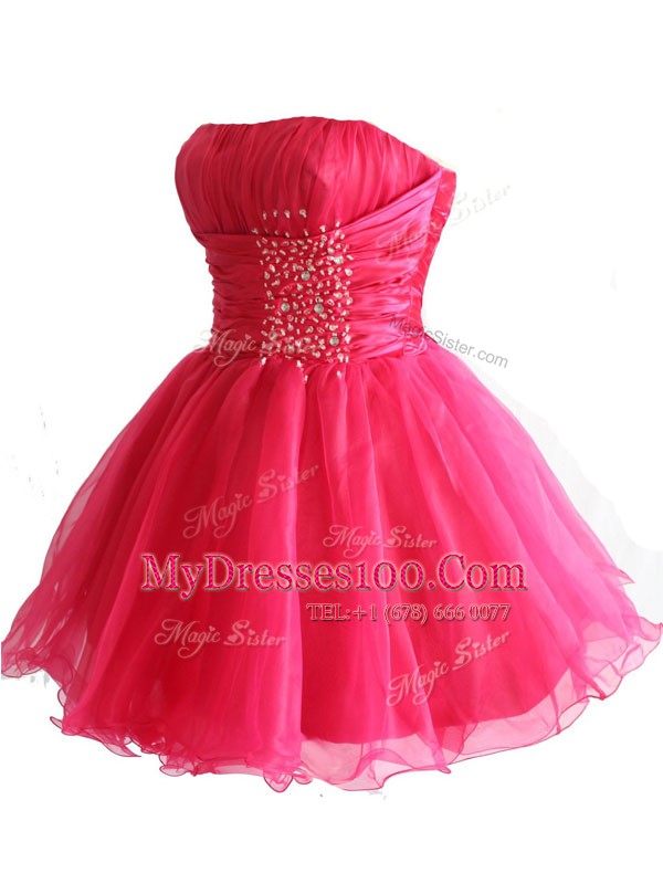 Classical Hot Pink Ball Gowns Organza Strapless Sleeveless Beading and Sequins Mini Length Lace Up Evening Dress