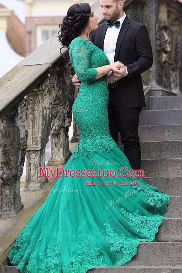 Mermaid With Train Green Prom Dress Tulle Chapel Train Long Sleeves Beading and Appliques