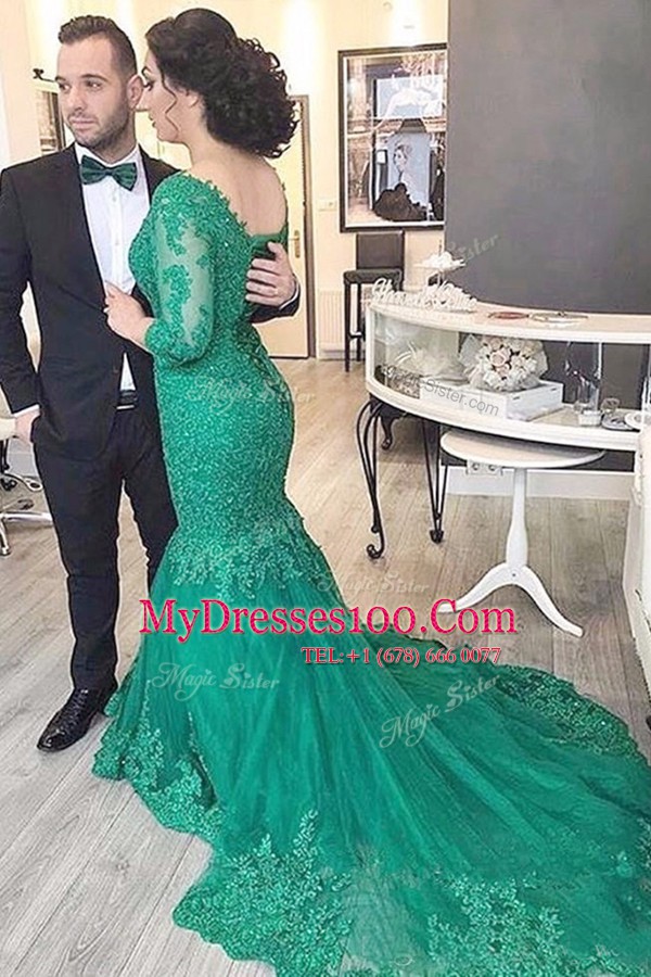 Mermaid With Train Green Prom Dress Tulle Chapel Train Long Sleeves Beading and Appliques