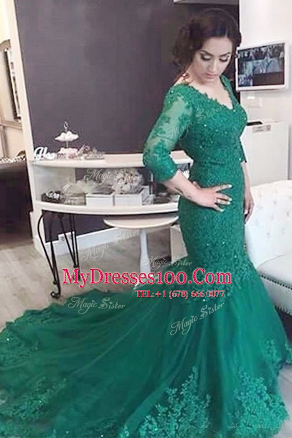 Mermaid With Train Green Prom Dress Tulle Chapel Train Long Sleeves Beading and Appliques