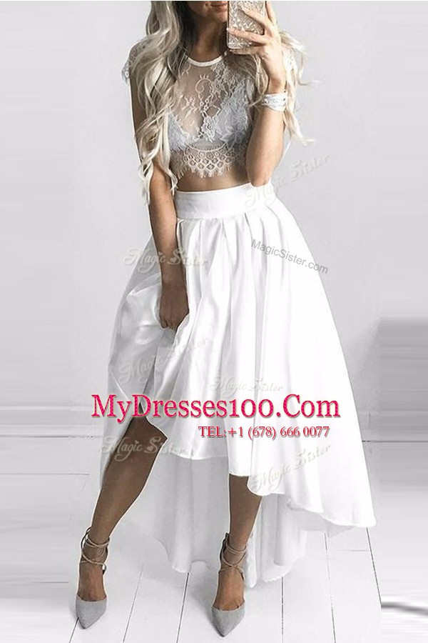 White Ball Gowns Scoop Cap Sleeves Chiffon High Low Lace Up Lace Cocktail Dresses