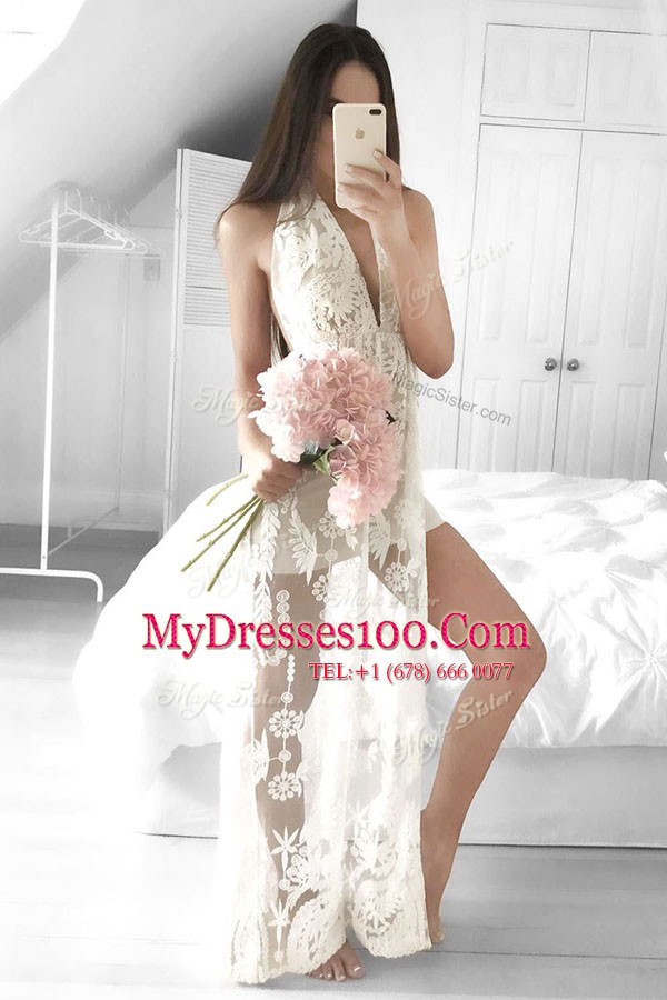 Top Selling White Sleeveless Floor Length Lace Zipper Evening Dress