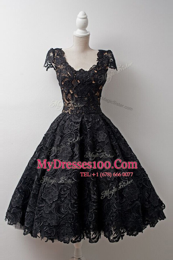 Dazzling Black Scoop Zipper Lace Prom Dress Cap Sleeves
