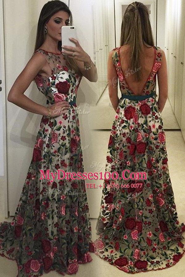 Multi-color Lace Backless Scoop Sleeveless With Train Dress for Prom Sweep Train Lace and Pattern