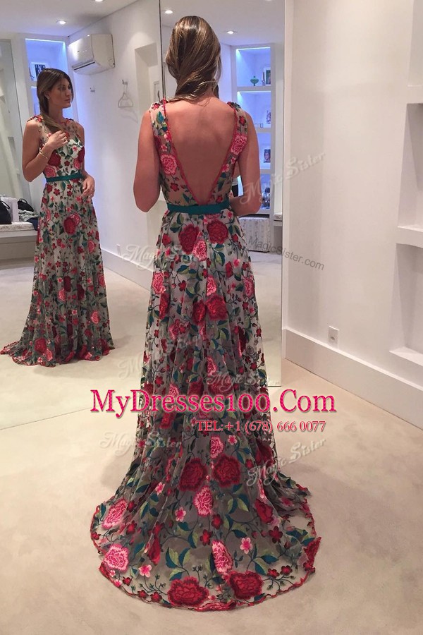 Multi-color Lace Backless Scoop Sleeveless With Train Dress for Prom Sweep Train Lace and Pattern