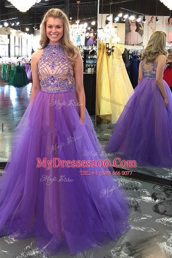 Lavender Scoop Neckline Beading Dress for Prom Sleeveless Backless