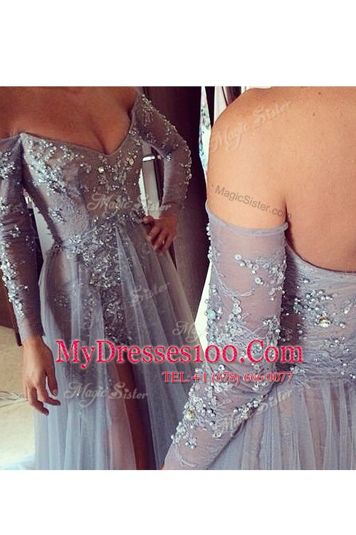Exceptional Off the Shoulder Grey Long Sleeves Sweep Train Beading and Ruching With Train Prom Dress