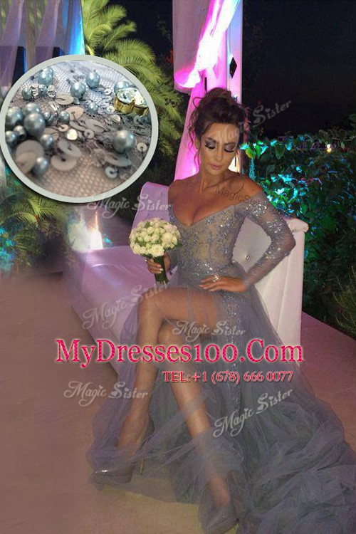 Exceptional Off the Shoulder Grey Long Sleeves Sweep Train Beading and Ruching With Train Prom Dress