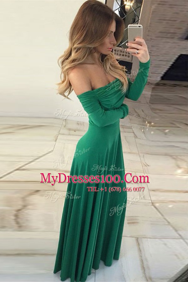Vintage Off the Shoulder Green Long Sleeves Ruching Floor Length Dress for Prom