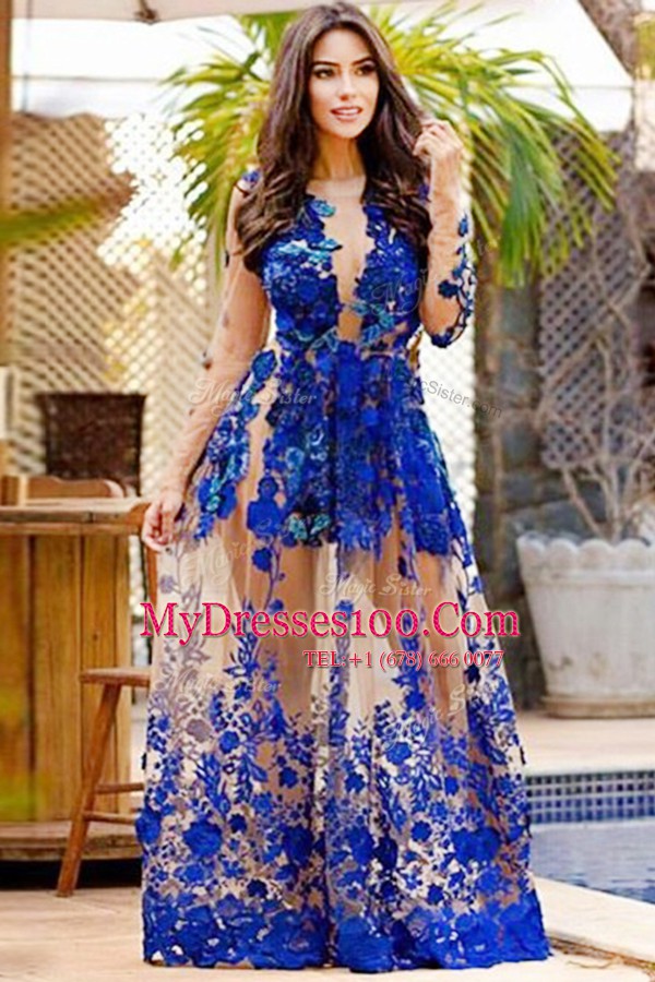 Colorful Mermaid Prom Evening Gown Royal Blue Scoop Tulle Long Sleeves Floor Length Zipper