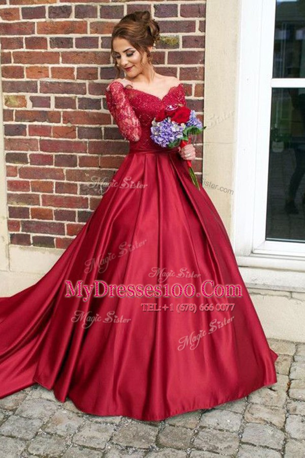 Glorious Sweep Train Ball Gowns Prom Gown Burgundy Off The Shoulder Satin Long Sleeves With Train Zipper