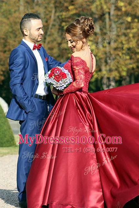 Glorious Sweep Train Ball Gowns Prom Gown Burgundy Off The Shoulder Satin Long Sleeves With Train Zipper