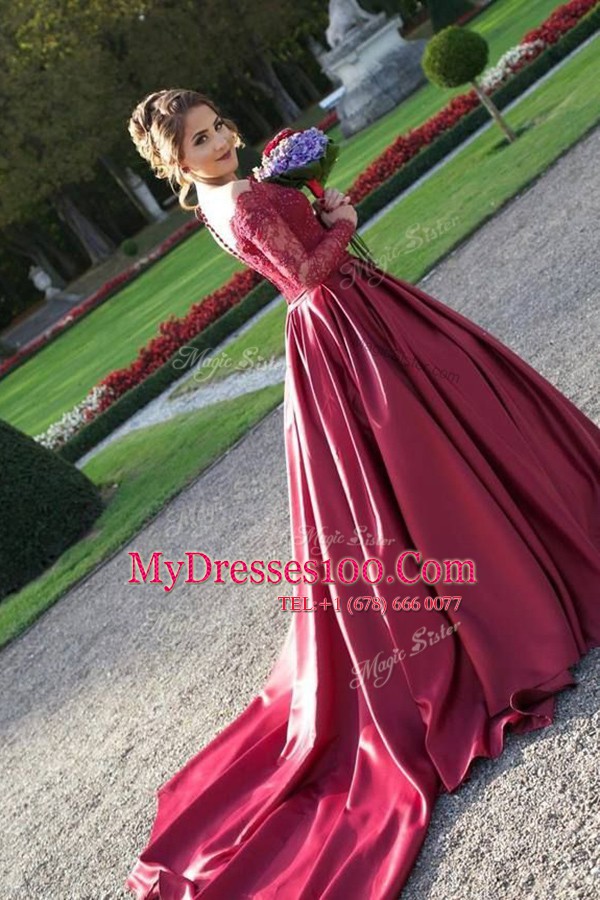 Glorious Sweep Train Ball Gowns Prom Gown Burgundy Off The Shoulder Satin Long Sleeves With Train Zipper