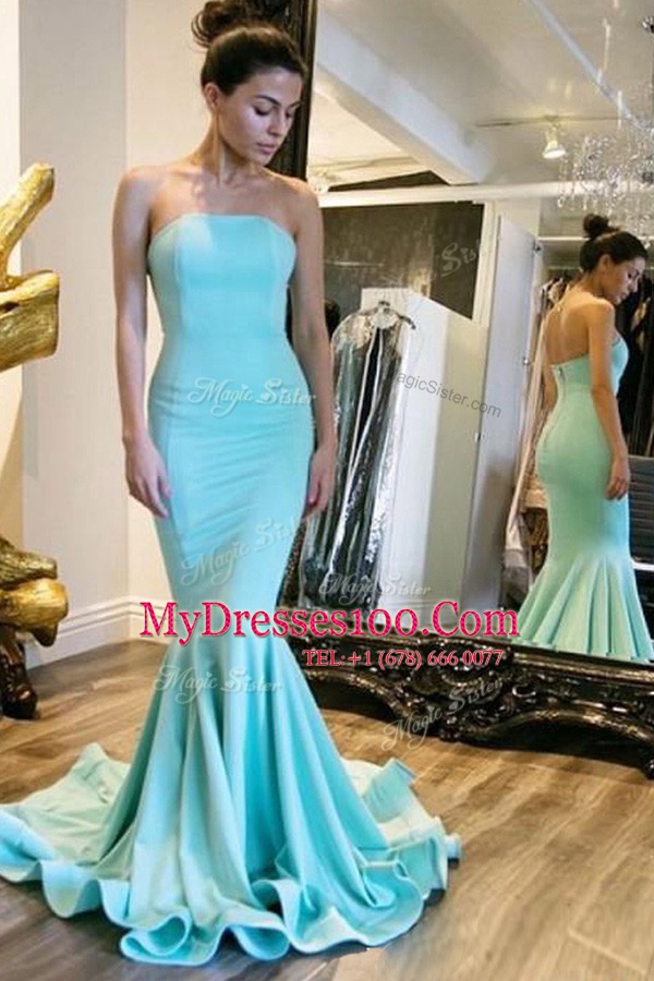Fantastic Sweep Train Mermaid Homecoming Dress Baby Blue Strapless Elastic Woven Satin Sleeveless With Train Zipper